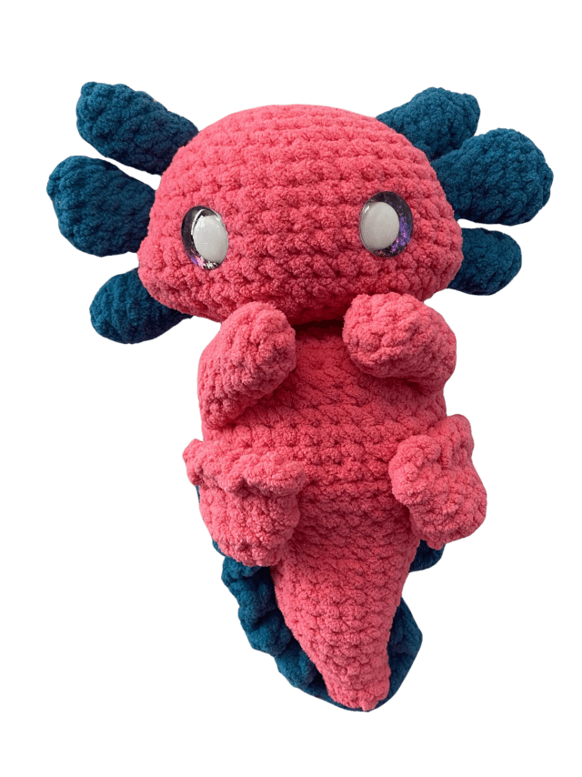 A pink and blue soft plush axotl handmade by Monse's Crochet Creations. The axotl has shiney and colorful hand-painted eyes with white pupils